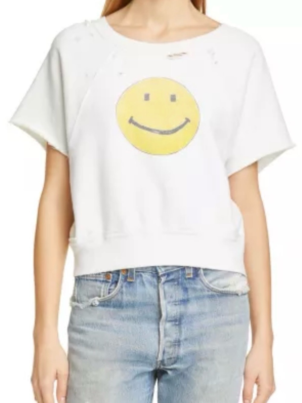 Re/Done White Short Sleeve Sweatshirt with Yellow Smiley